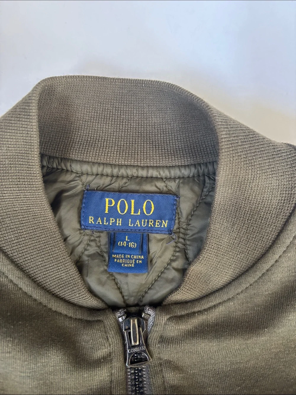 Polo Ralph Lauren Bomber Jacket Quilted Lined Full Zip Army Green Boys 14 Large